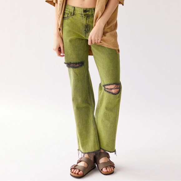 NWT UO Lime Stone Washed Straight Leg Slit Distressed Cowboy Jeans, Price Firm - Picture 2 of 4